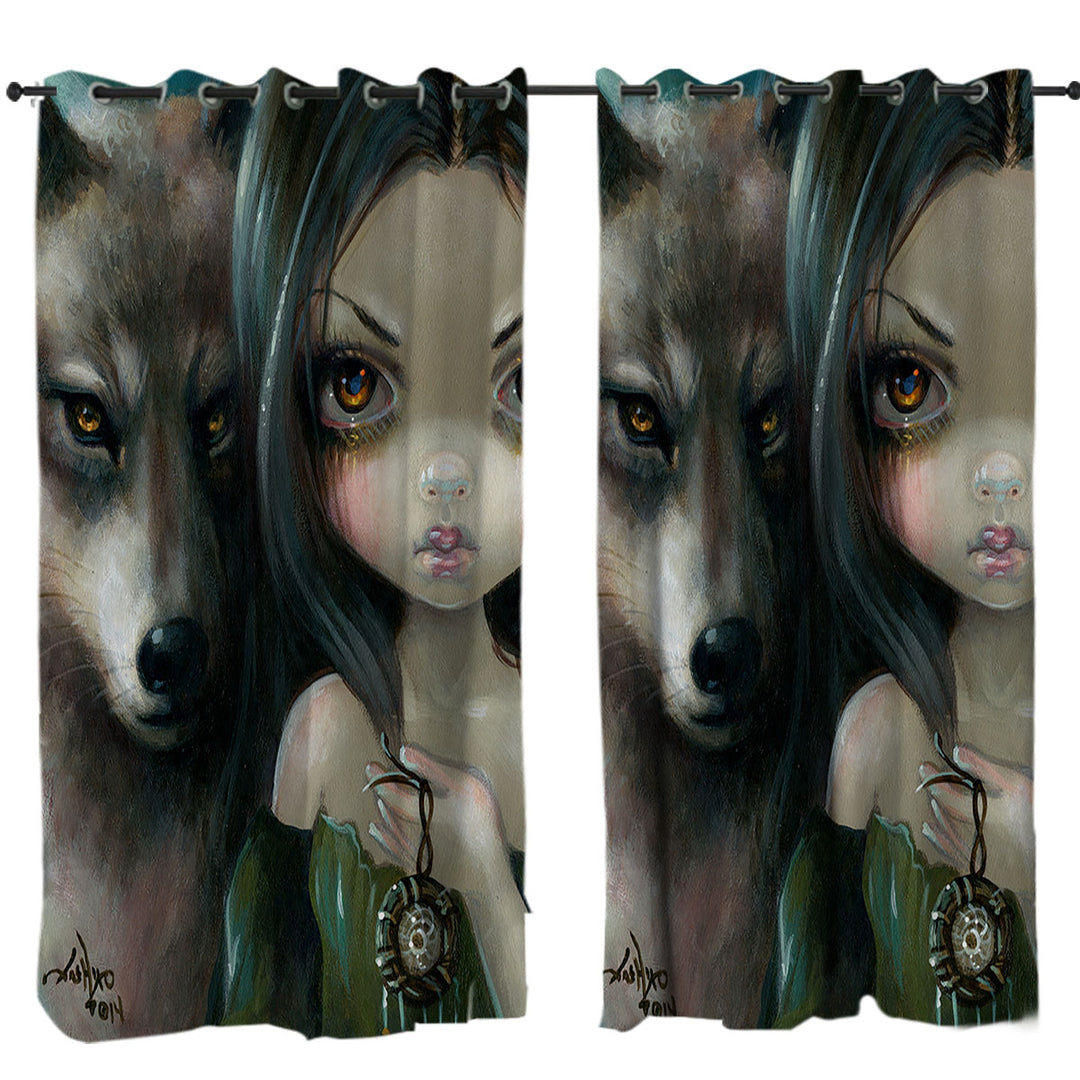 Faces of Faery _226 Native Goth Girl with Her Wolf Made to Measure Curtains