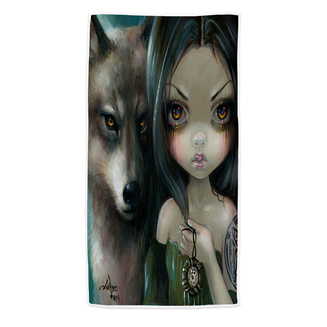 Faces of Faery _226 Native Goth Girl with Her Wolf Pool Towels