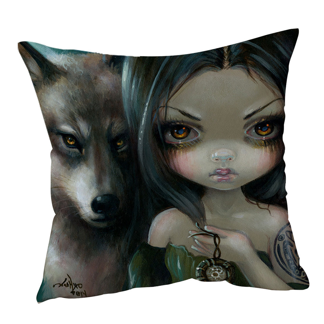 Faces of Faery _226 Native Goth Girl with Her Wolf Sofa Pillows