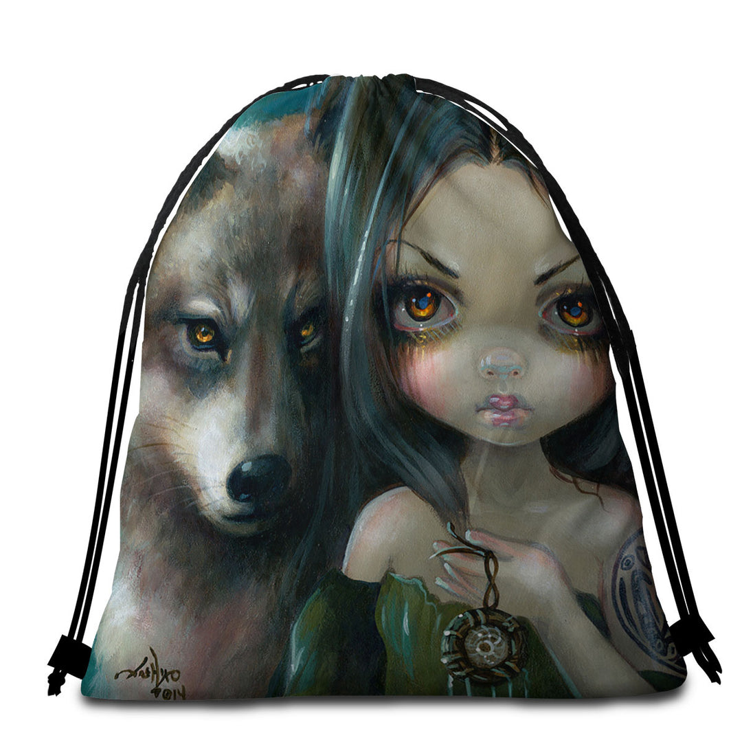 Faces of Faery _226 Native Goth Girl with Her Wolf Travel Beach Towel