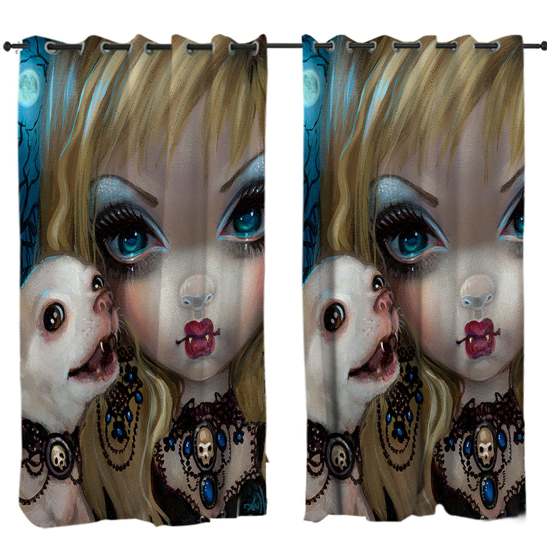 Faces of Faery _235 Gothic Vampire Girl and Her Dog Curtains for Living Room