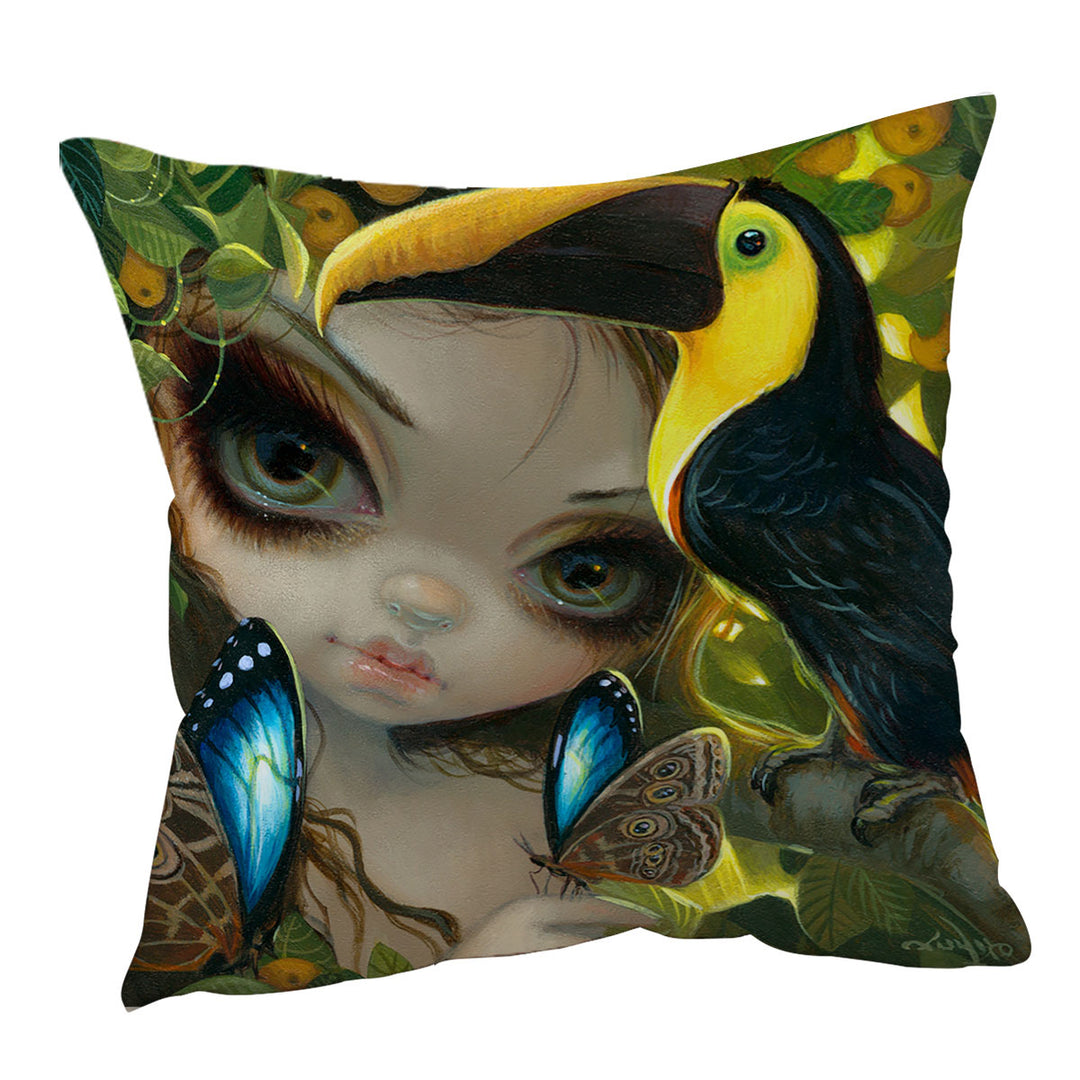 Faces of Faery _236 Tropical Girl and Her Toucan Cushion Cover