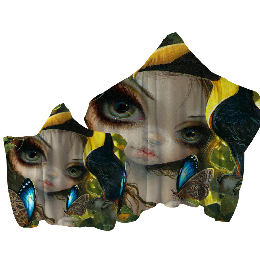 Faces of Faery _236 Tropical Girl and Her Toucan Hooded Beach Towel