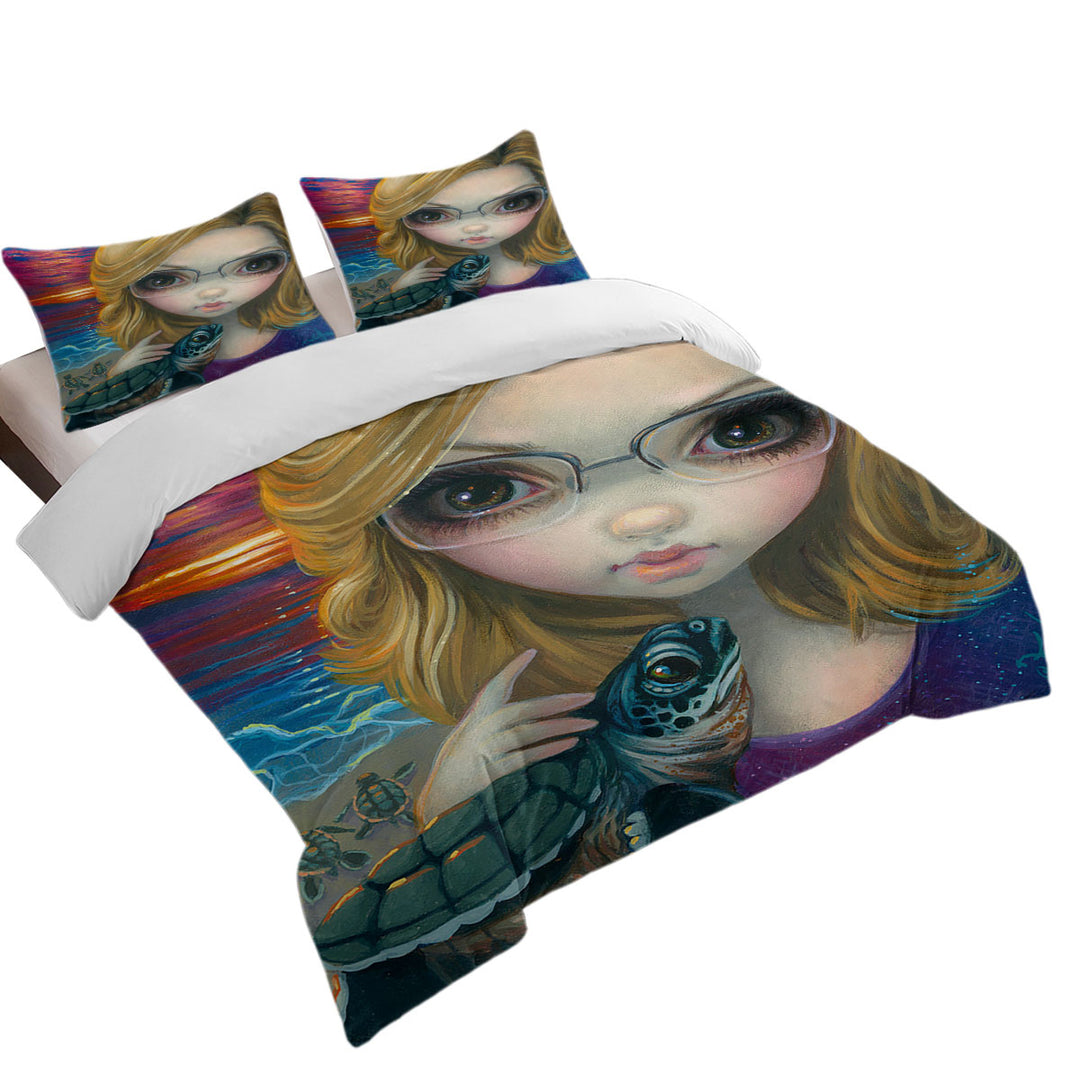 Faces of Faery _237 Glasses Girl and Sunset Turtles Duvet Cover