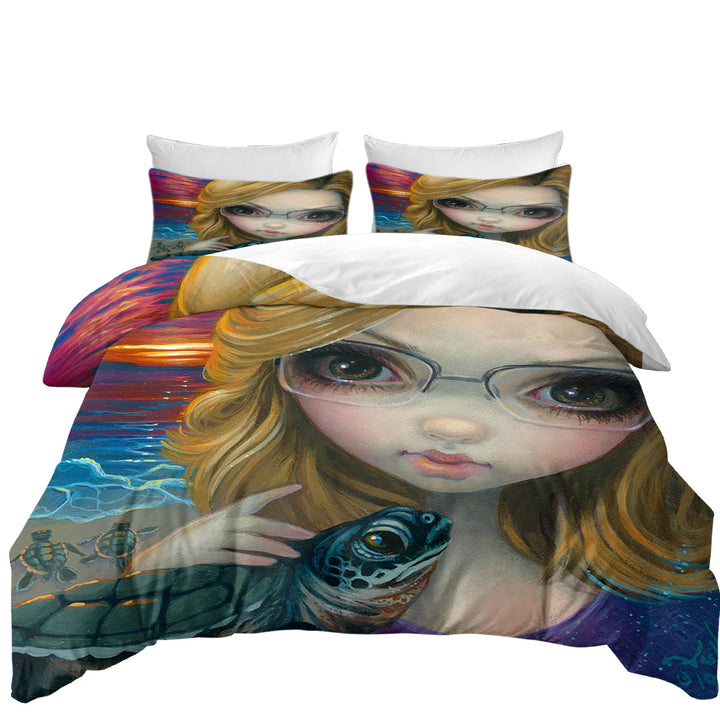 Faces of Faery _237 Glasses Girl and Sunset Turtles Duvet Covers