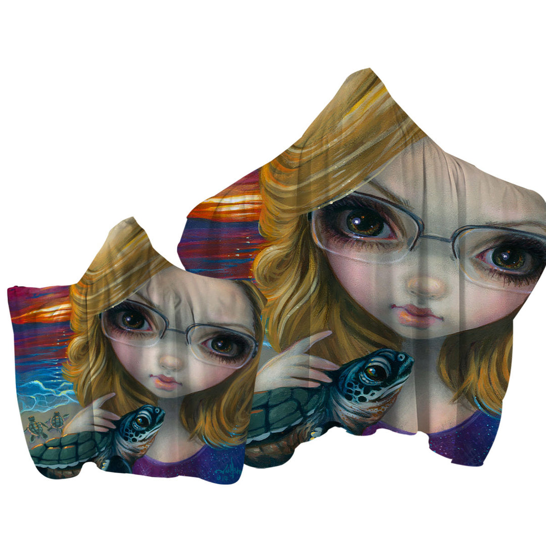 Faces of Faery _237 Glasses Girl and Sunset Turtles Towel Hoodie