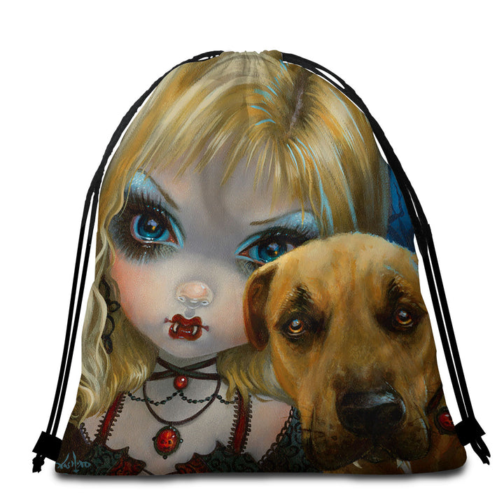 Faces of Faery _241 Dog with Gothic Vampire Girl Beach Towels and Bags Set