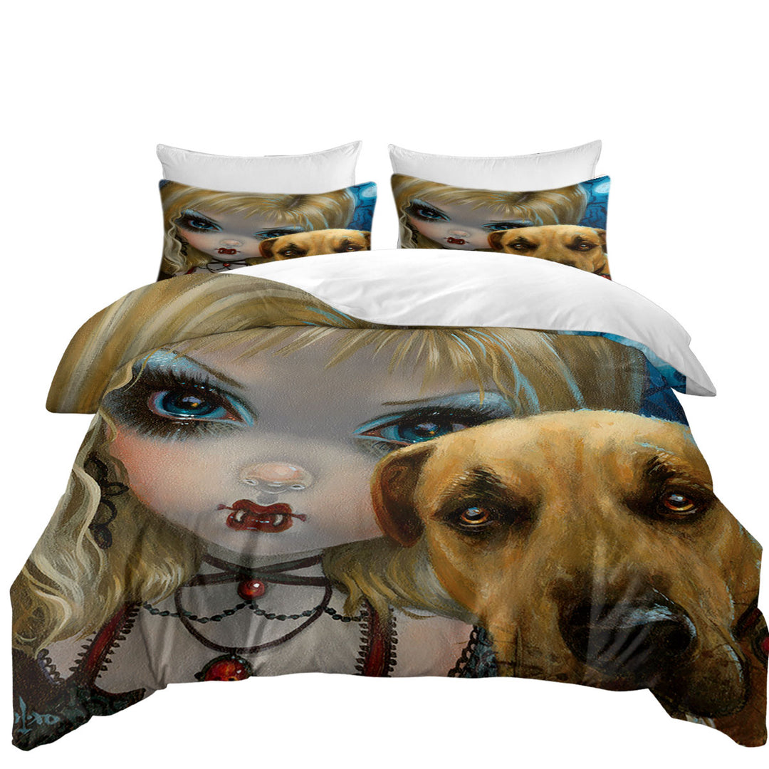 Faces of Faery _241 Dog with Gothic Vampire Girl Bed Covers