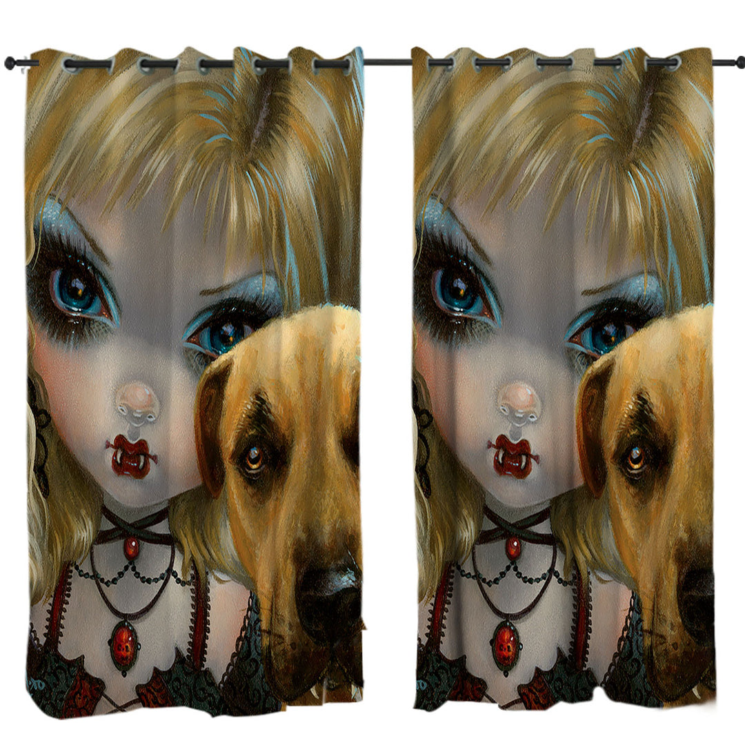 Faces of Faery _241 Dog with Gothic Vampire Girl Window Curtains