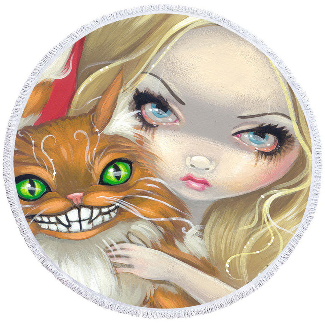 Faces of Faery _29 Alice and Cheshire Cat Round Beach Towel