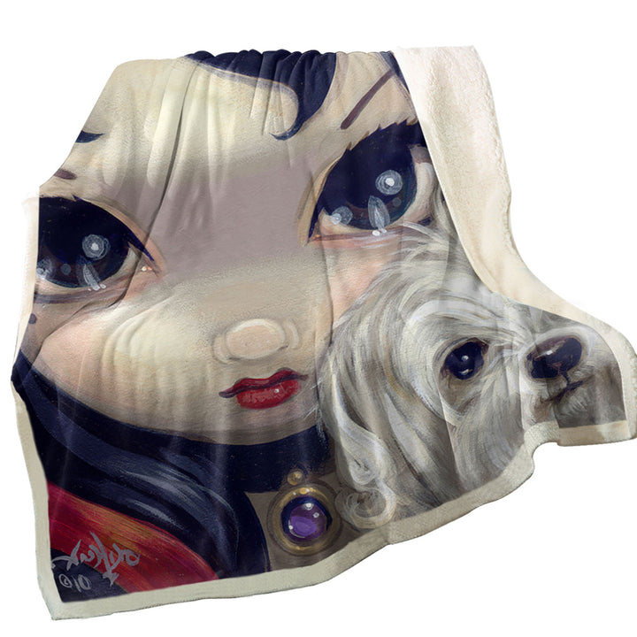 Faces of Faery _41 Girl with Adorable Maltese Dog Throw Blanket