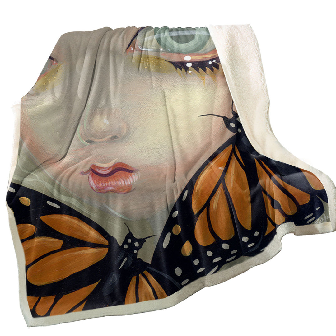 Faces of Faery _57 Girl with Monarch Butterflies Sherpa Blanket