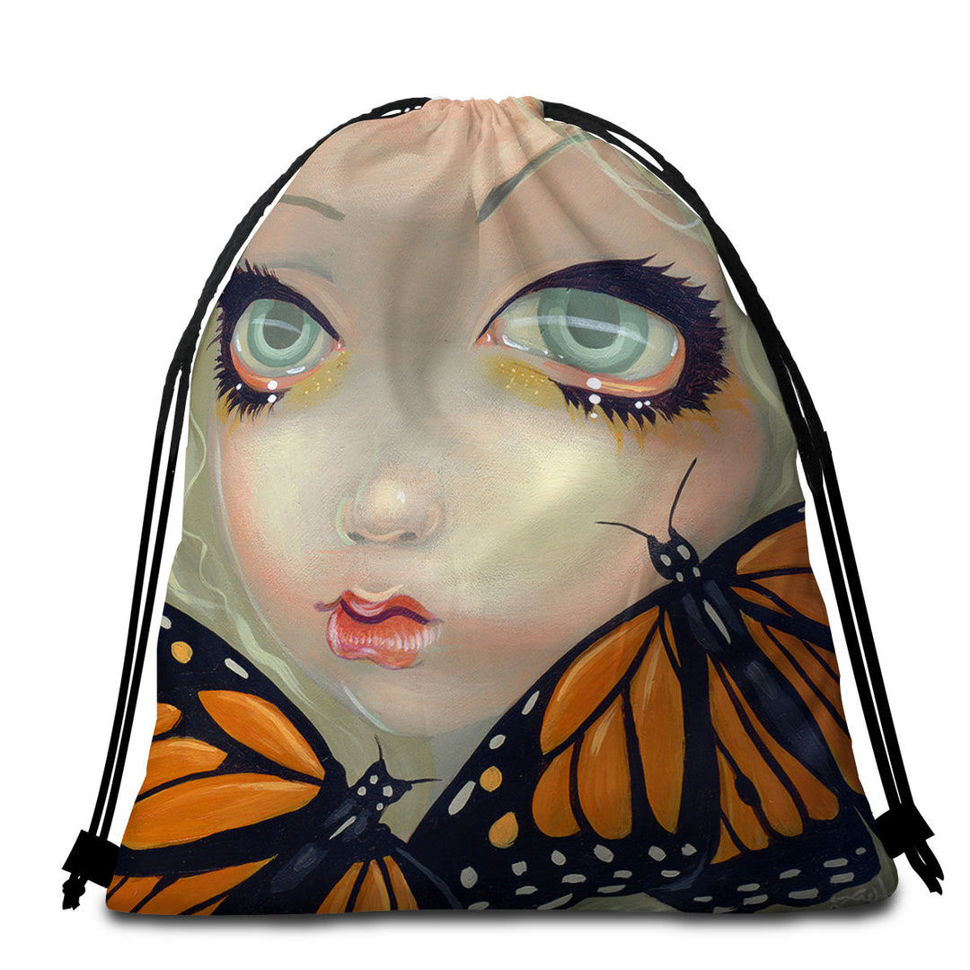 Faces of Faery _57 Girl with Monarch Butterflies Travel Beach Towel