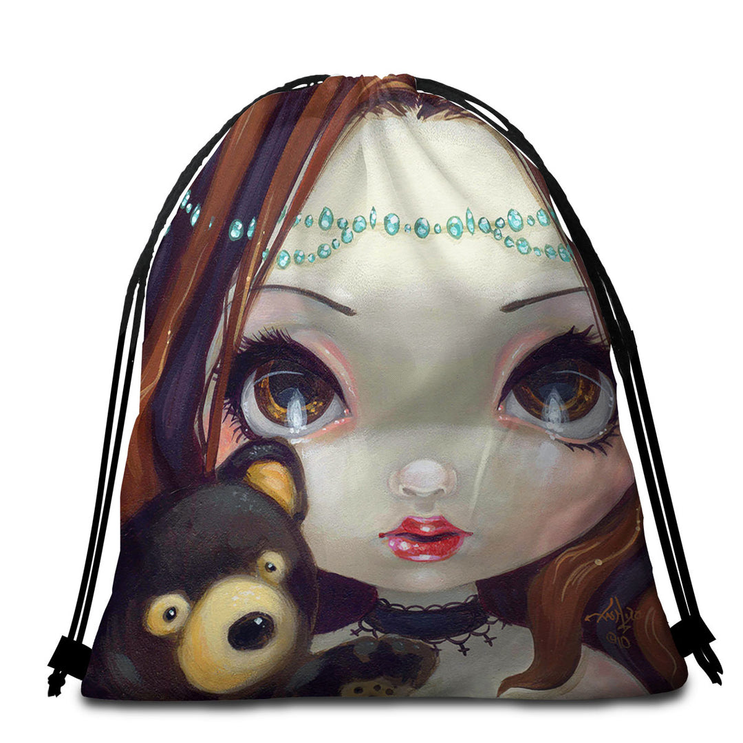 Faces of Faery _69 Princess Girl with Teddy Bear Beach Towel Bags