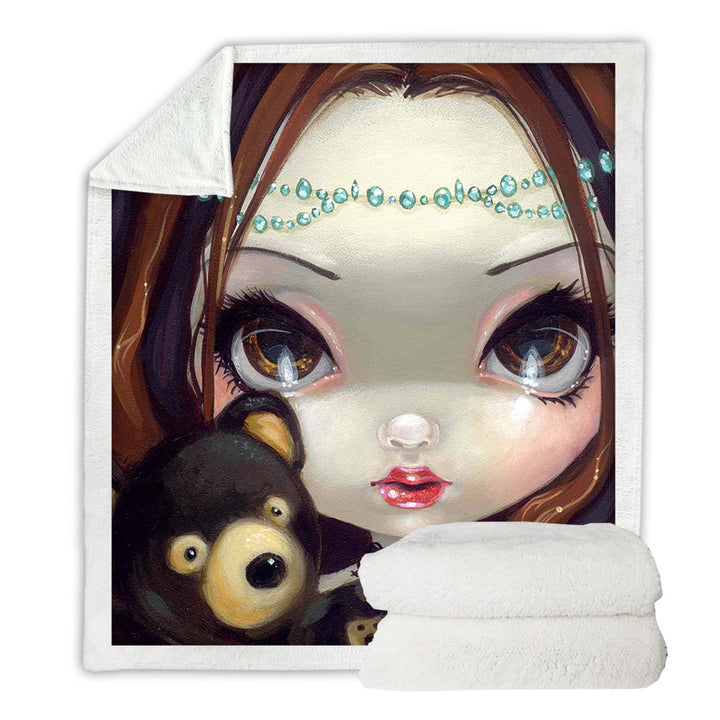 Faces of Faery _69 Princess Girl with Teddy Bear Throw Blanket