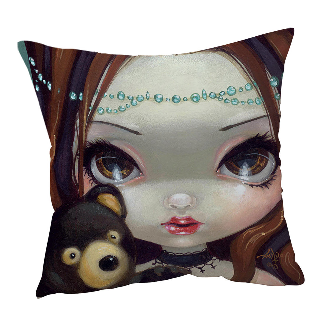 Faces of Faery _69 Princess Girl with Teddy Bear Throw Pillow