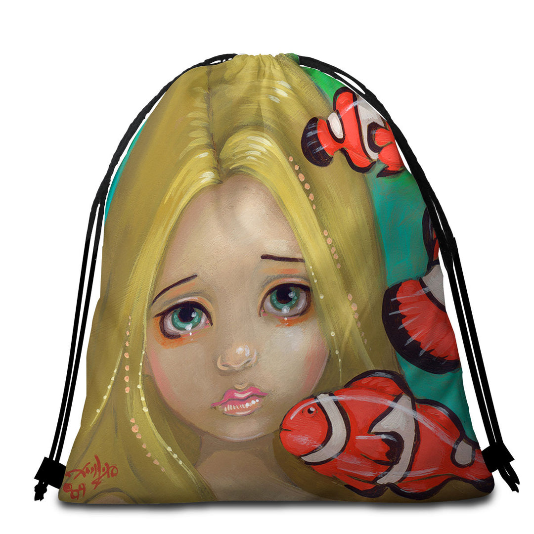 Faces of Faery _8 Girl and Clownfish Beach Towel Bags