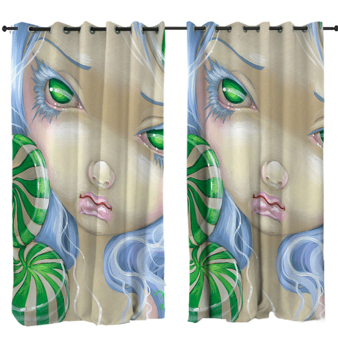 Faces of Faery _85 Green Girl with Peppermint Candy Curtains