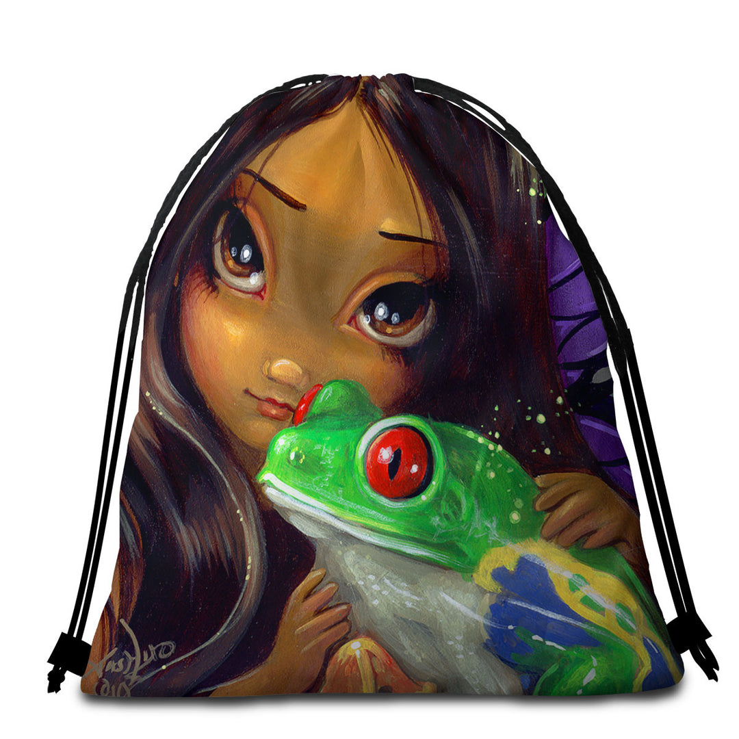 Faces of Faery _93 Beautiful Tropical Girl and Frog Beach Towels and Bags Set