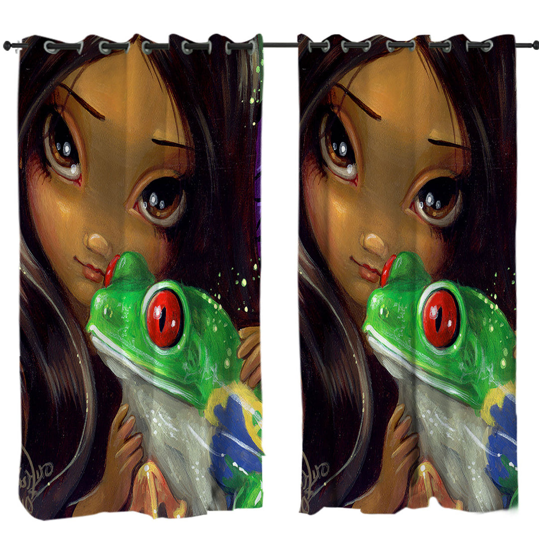 Faces of Faery _93 Beautiful Tropical Girl and Frog Curtains for Bedroom