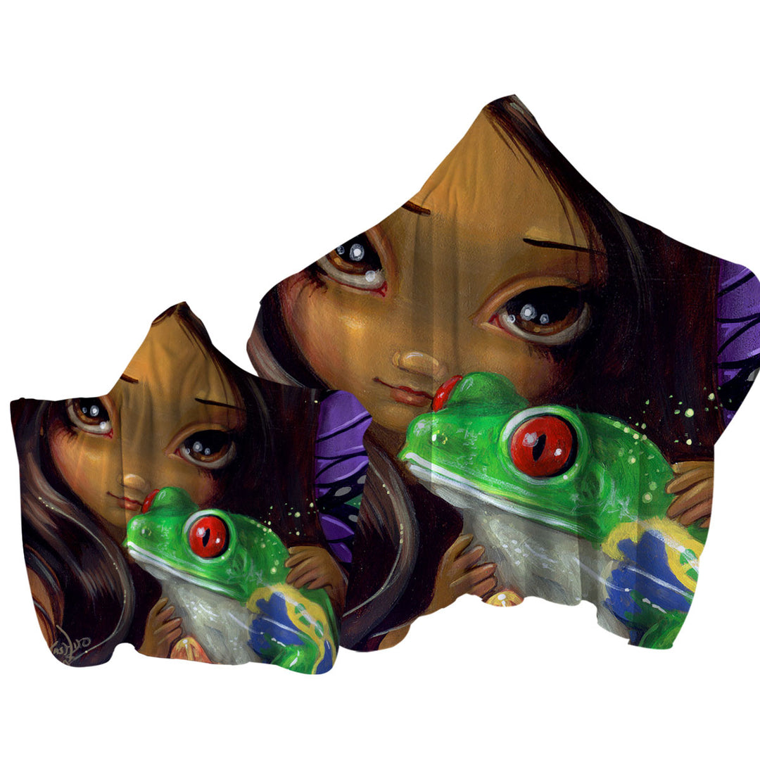 Faces of Faery _93 Beautiful Tropical Girl and Frog Hooded Beach Towel