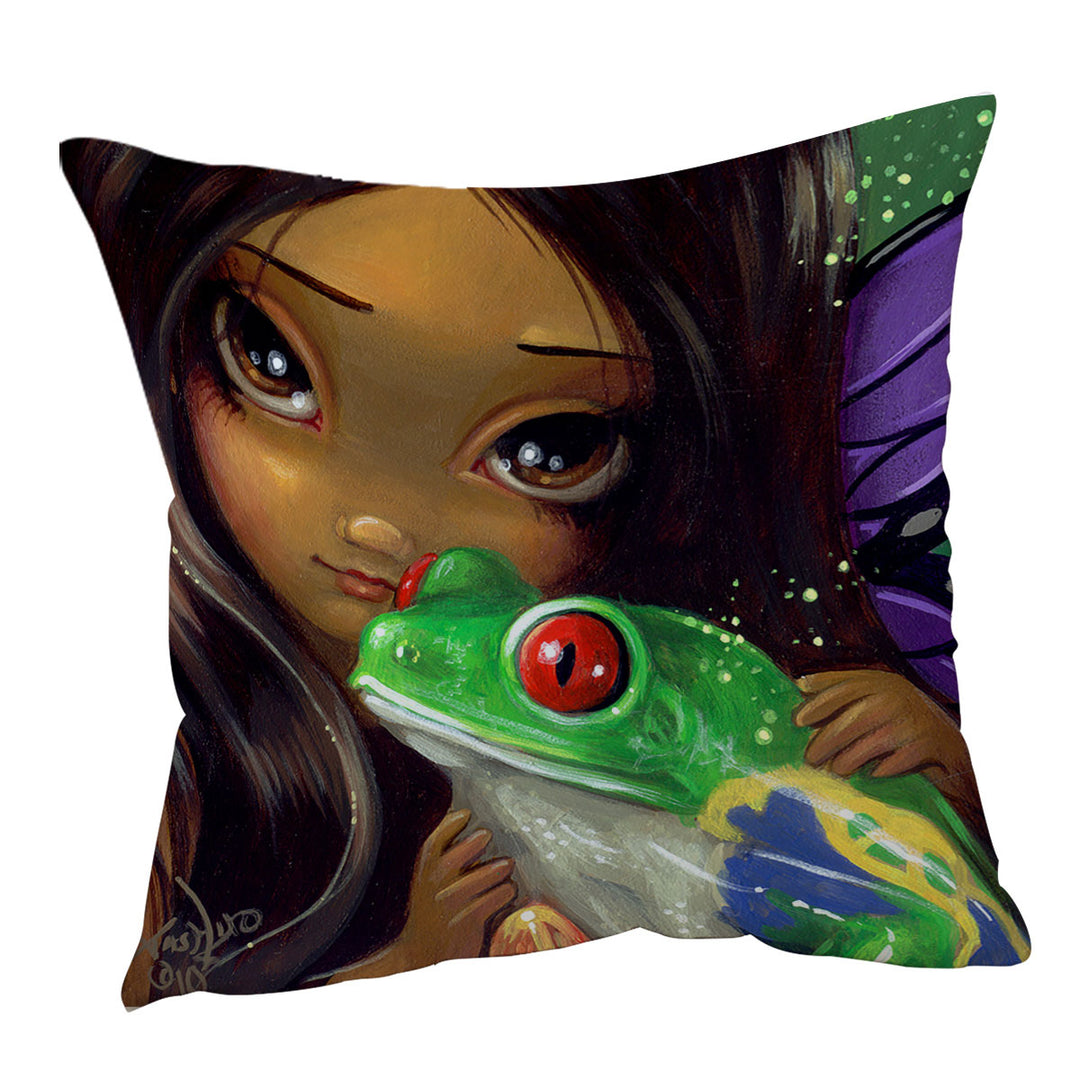 Faces of Faery _93 Beautiful Tropical Girl and Frog Sofa Pillows