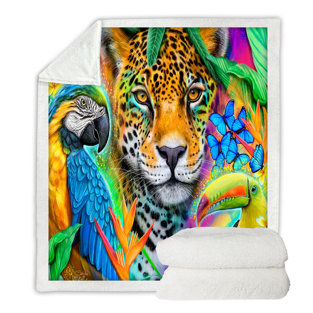 Faces of Nature Macaw Ara Jaguar Toucan Fleece Blanket