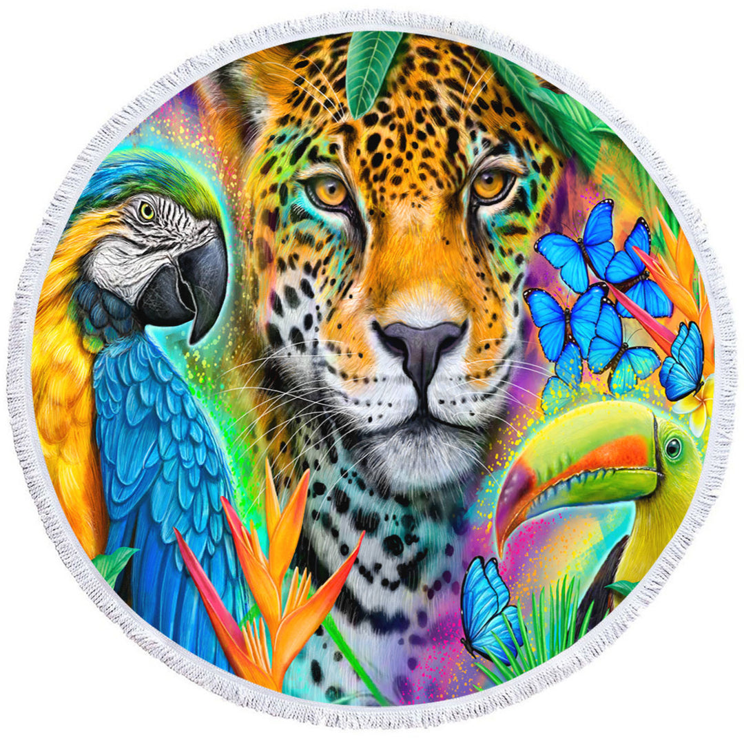 Faces of Nature Macaw Ara Jaguar Toucan Round Beach Towel