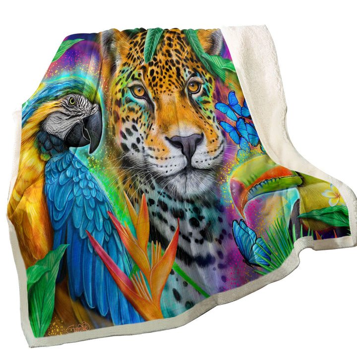 Faces of Nature Macaw Ara Jaguar Toucan Throw Blanket