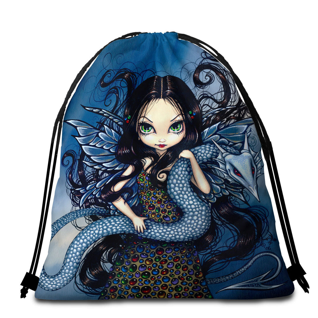 Fairy Beach Towel Jewele Fairy with Jewels Dress and Silver Dragon