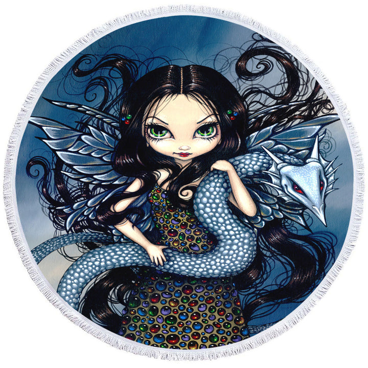 Fairy Circle Beach Towel Jewele Fairy with Jewels Dress and Silver Dragon