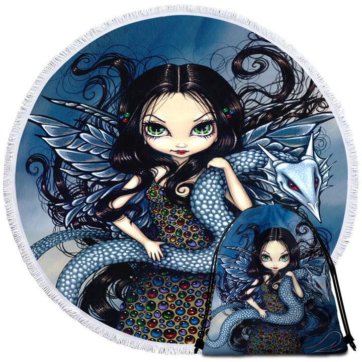 Fairy Round Beach Towel Jewele Fairy with Jewels Dress and Silver Dragon