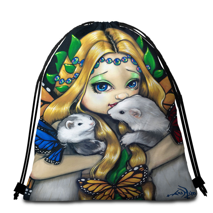 Fairy Travel Beach Towel with Two Magical Ferrets with Butterfly Wings