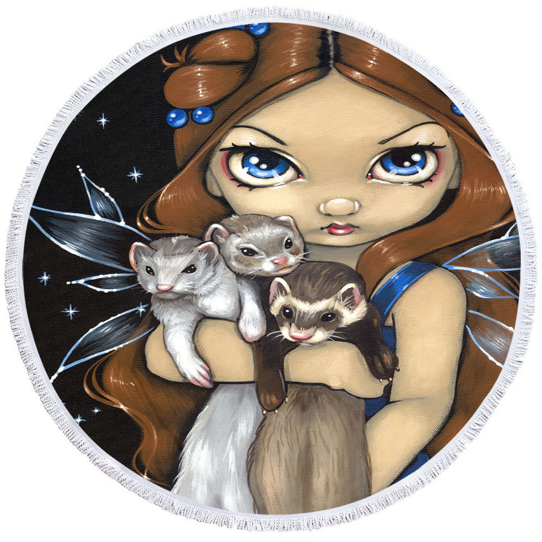 Fairy with Armful of Ferrets Round Beach Towel