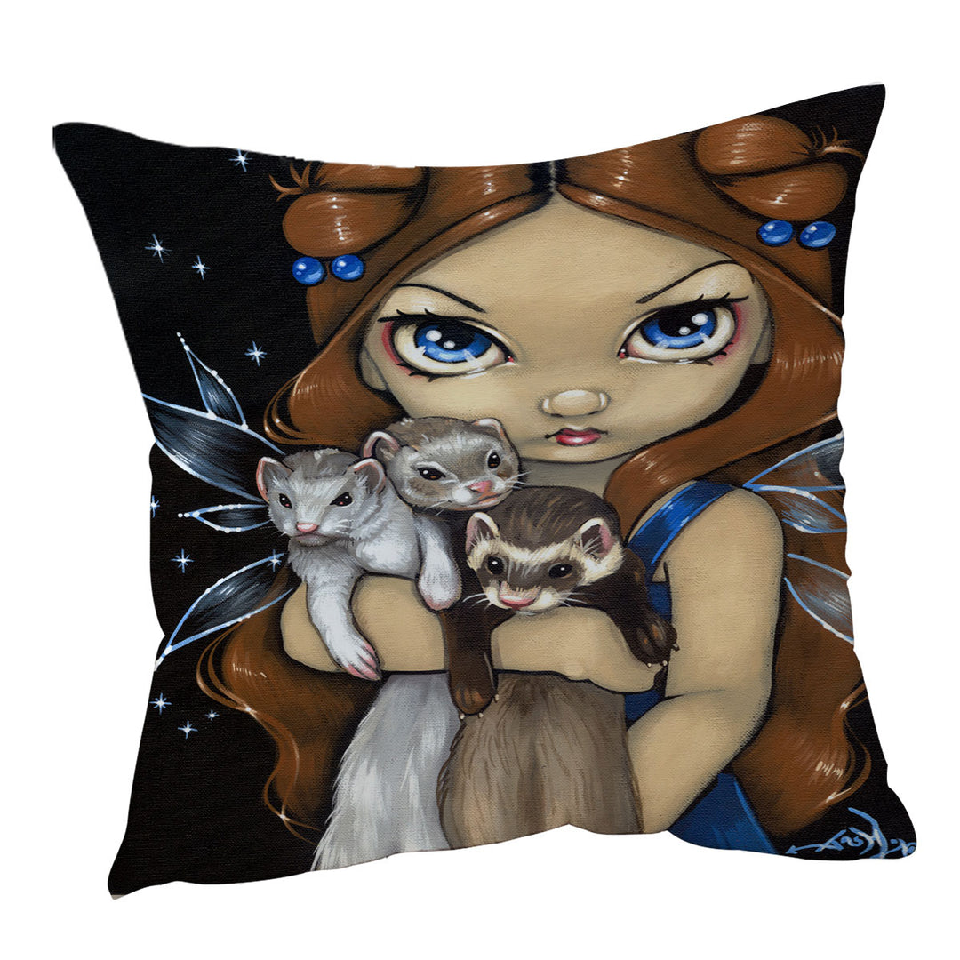 Fairy with Armful of Ferrets Throw Pillows