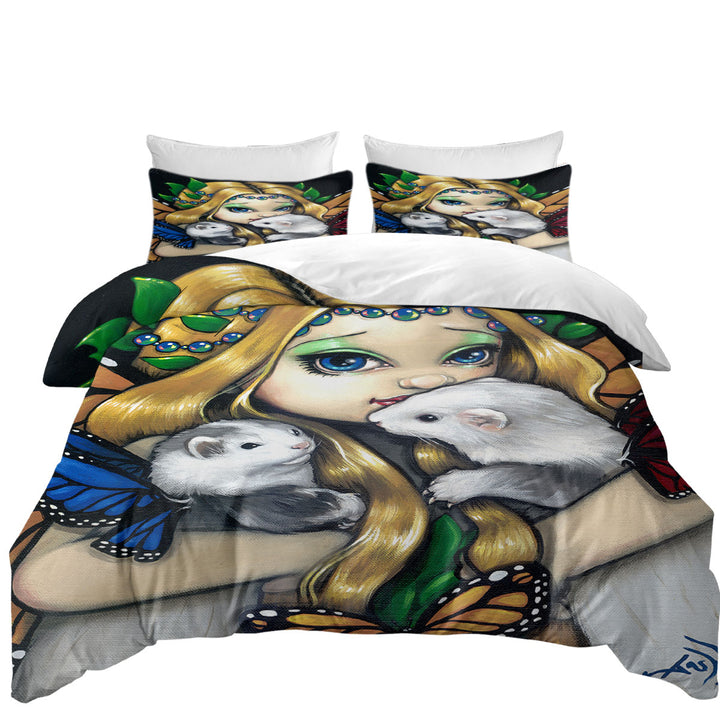 Fairy with Two Magical Ferrets with Butterfly Wings Coverlet