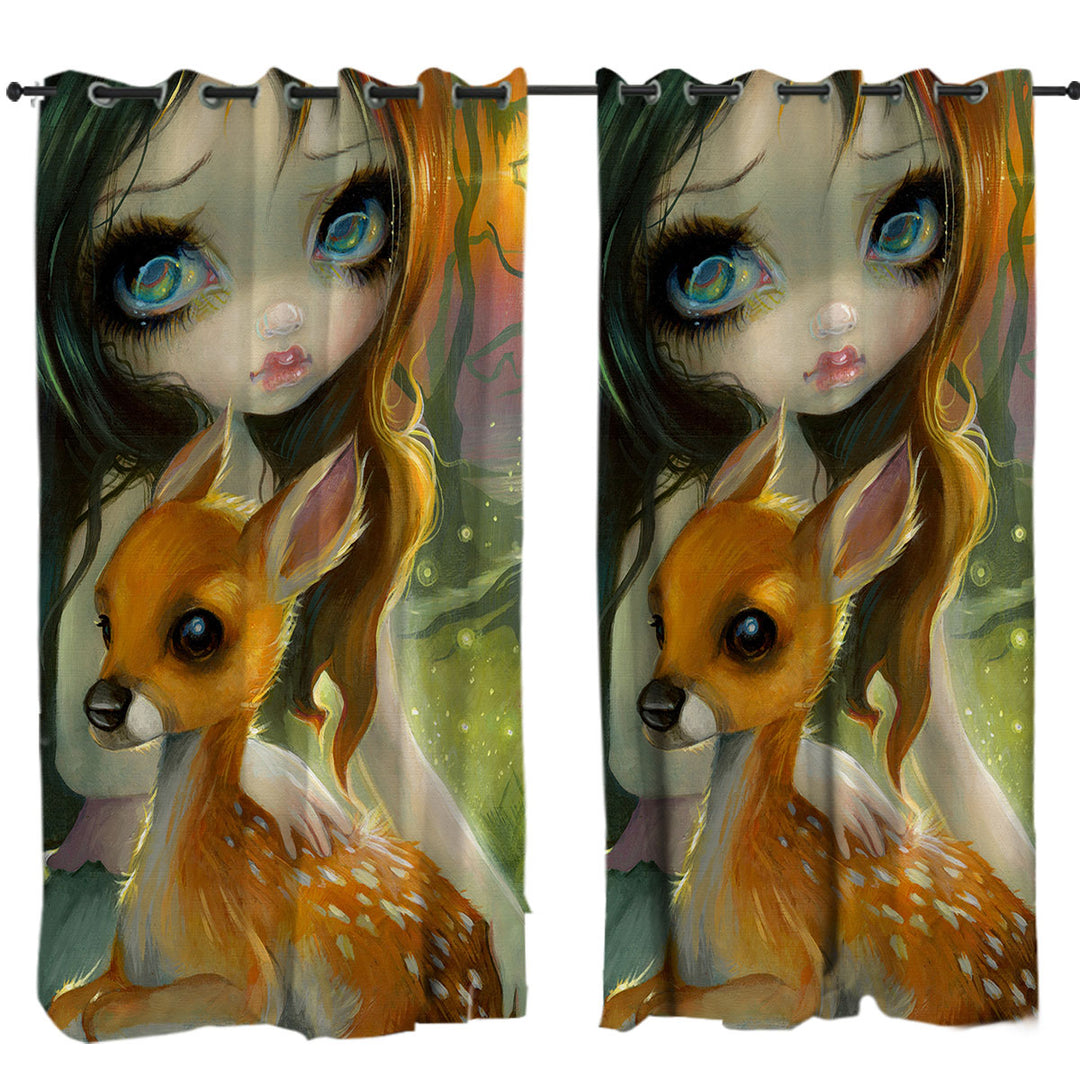 Fairytale Art Brother and Sister Deer and Girl Drapery