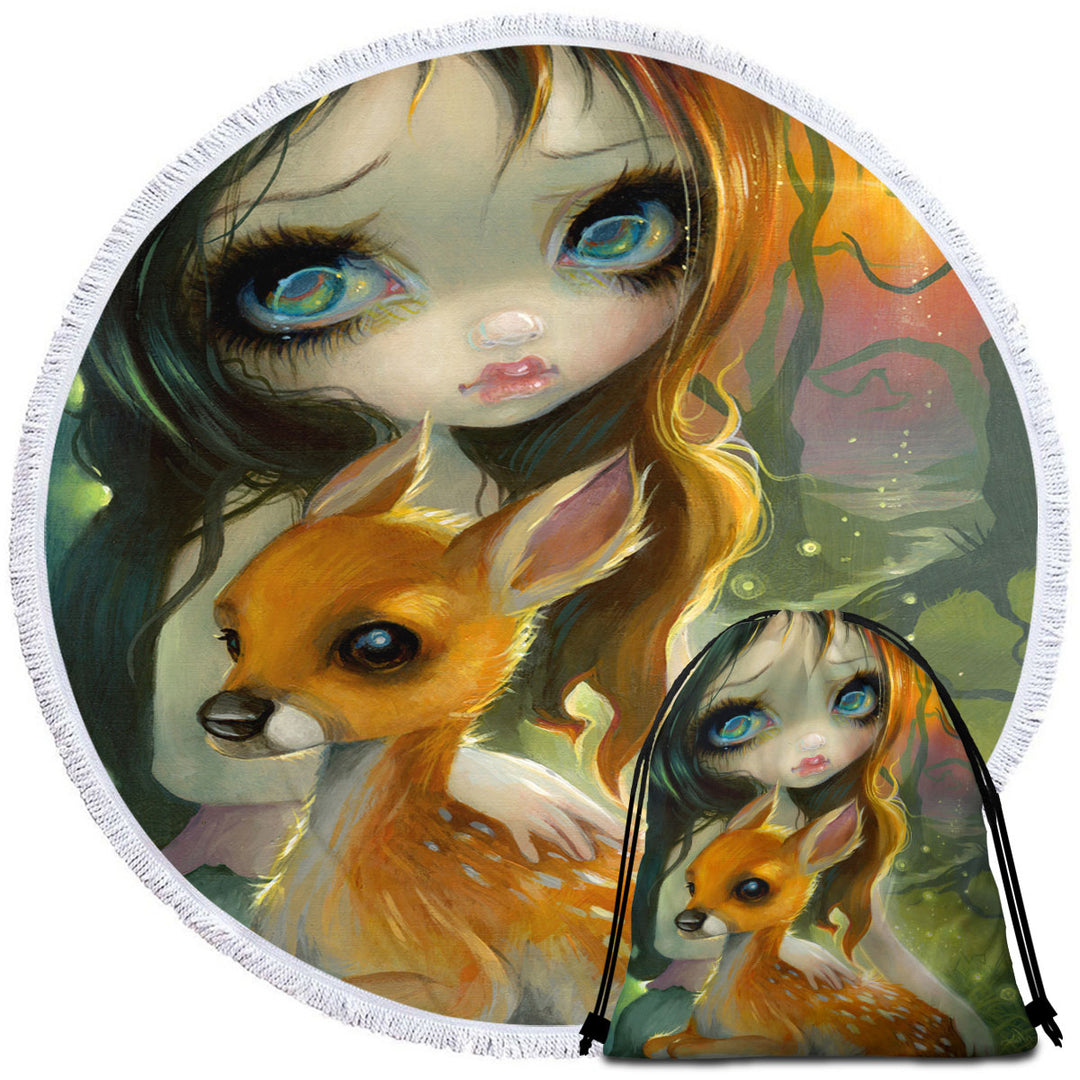 Fairytale Beach Towels and Bags Set Art Brother and Sister Deer and Girl