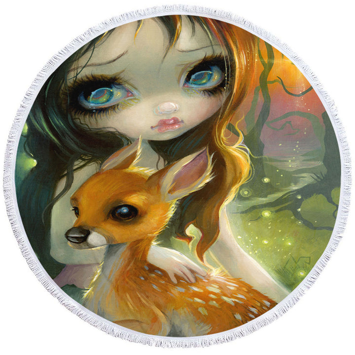 Fairytale Circle Beach Towel Art Brother and Sister Deer and Girl