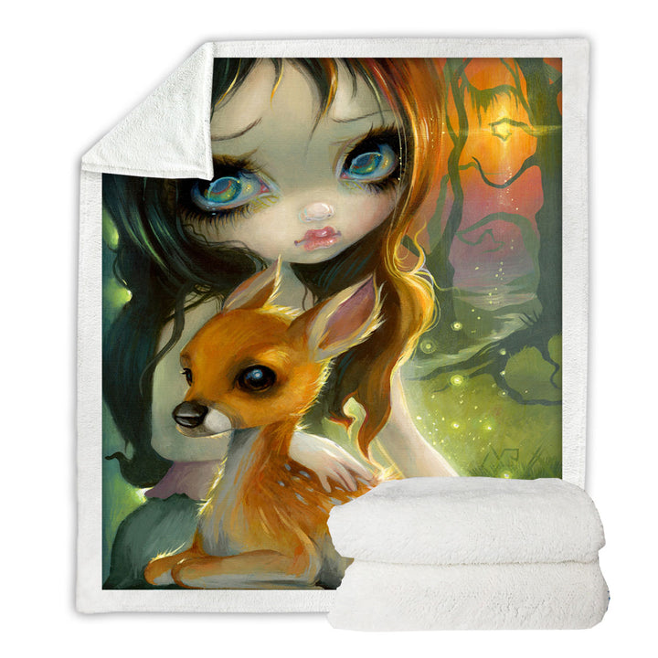 Fairytale Fleece Blankets Art Brother and Sister Deer and Girl