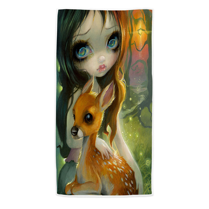 Fairytale Microfiber Beach Towel Art Brother and Sister Deer and Girl