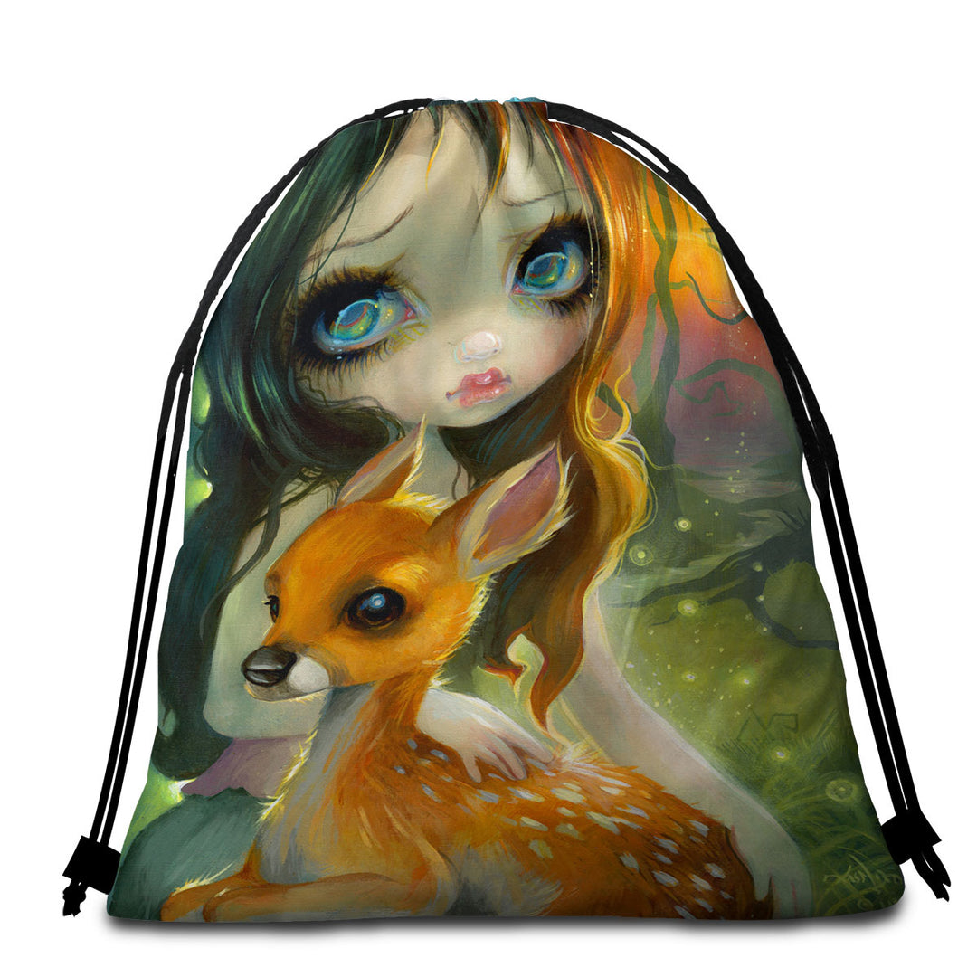 Fairytale Packable Beach Towel Art Brother and Sister Deer and Girl