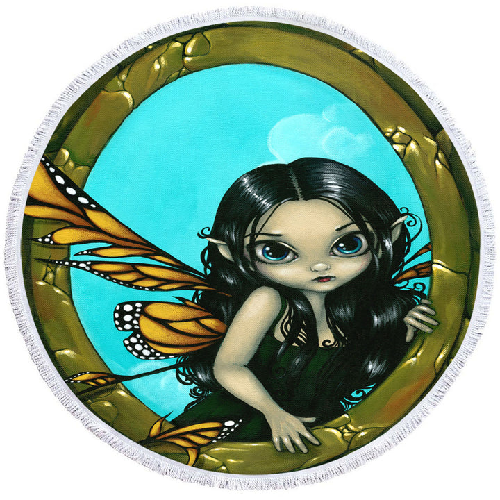 Fairytale Painting Round Beach Towel Fairy in My Window