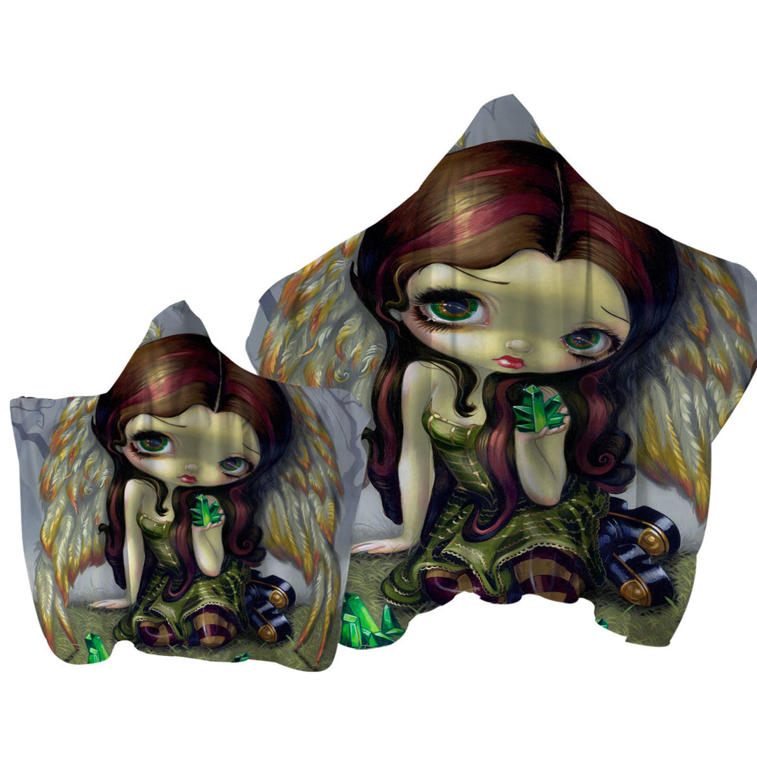 Fantasy Art Angel with Emeralds Hooded Beach Towel