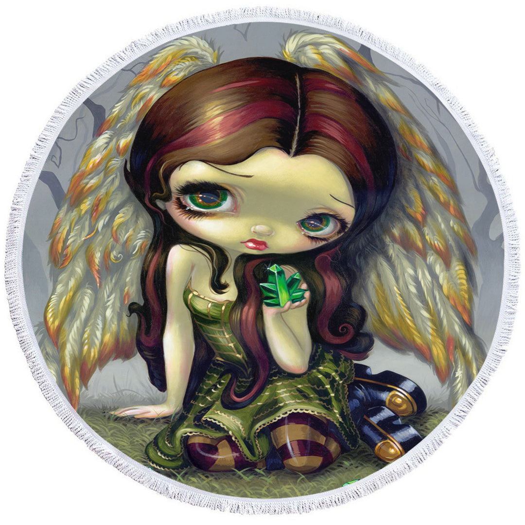 Fantasy Art Angel with Emeralds Round Beach Towel