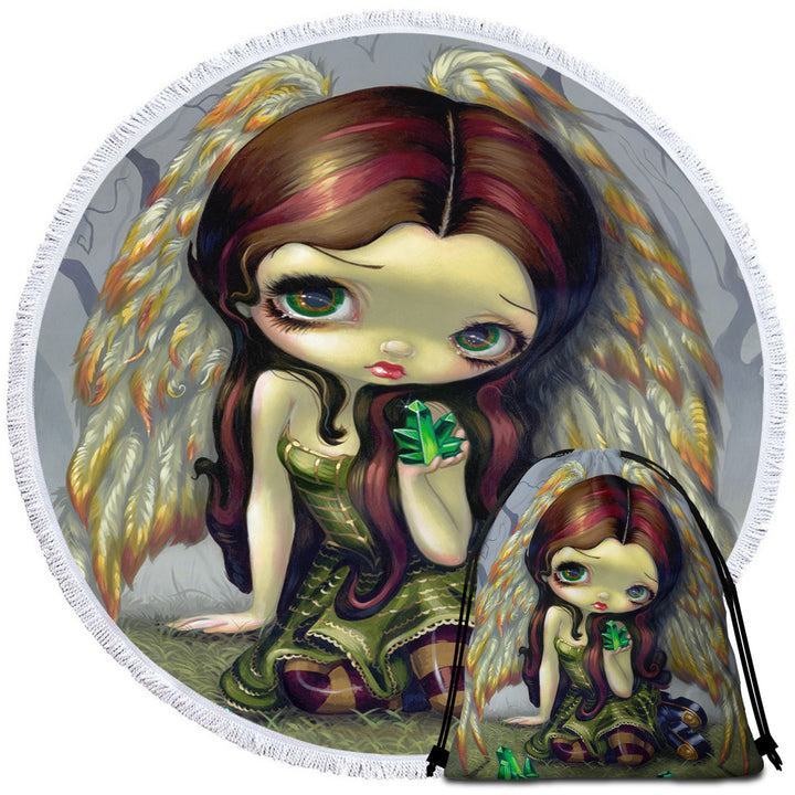 Fantasy Art Angel with Emeralds Round Towel