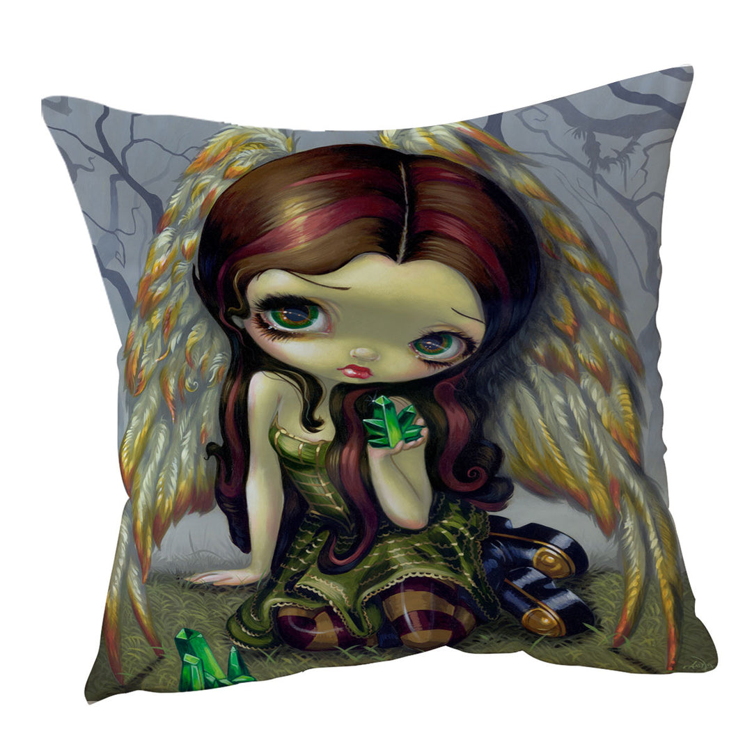 Fantasy Art Angel with Emeralds Throw Pillow