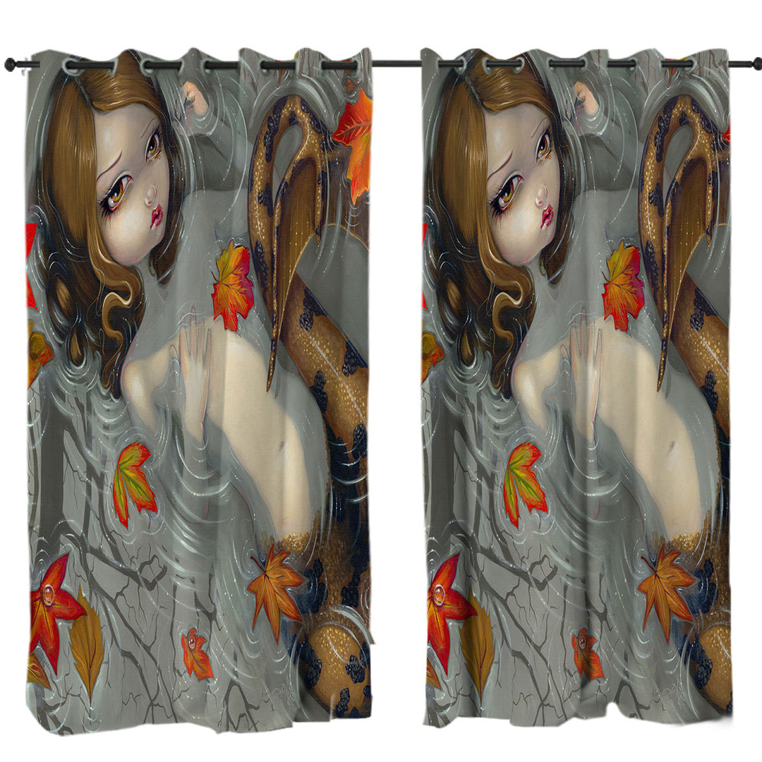 Fantasy Art Autumn Mermaid and Leaves Curtains for Bedroom