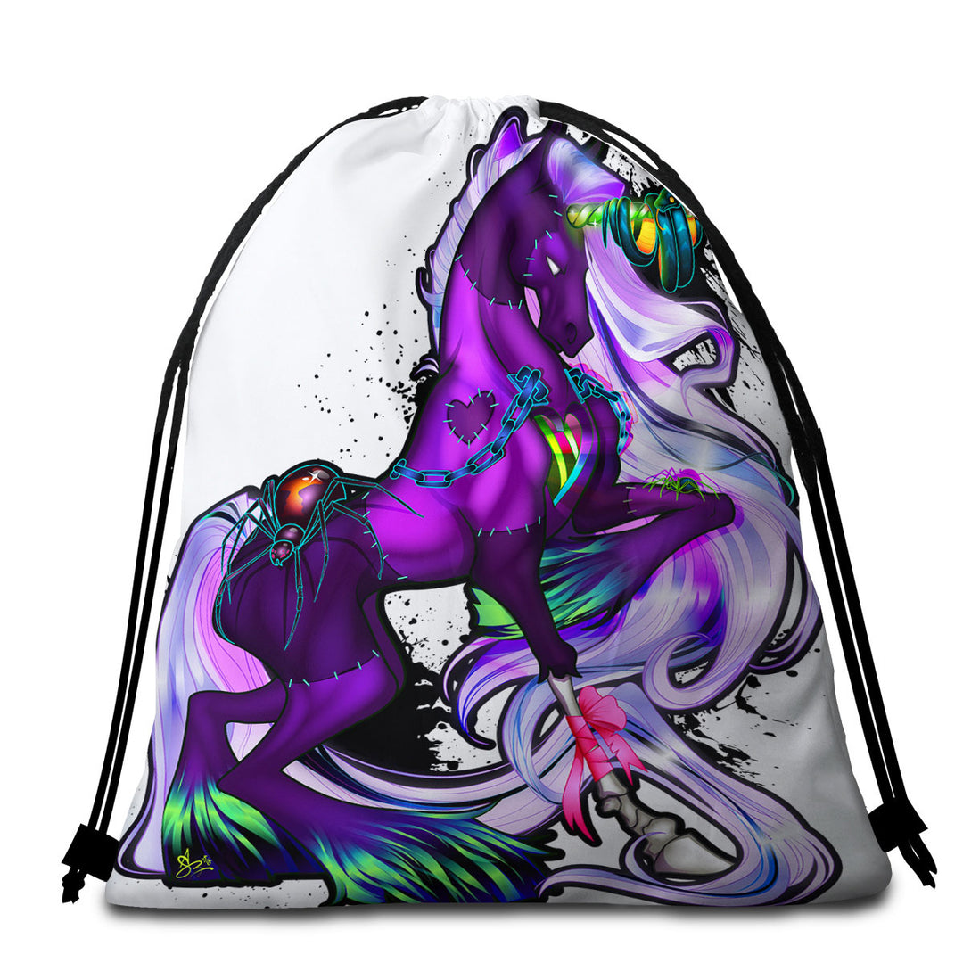 Fantasy Art Beach Towel Bags Purple Rudicorn and Spider