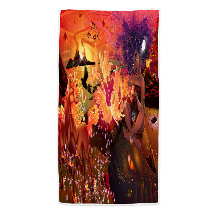 Fantasy Art Beach Towel Unicorn Pegasus Volcanoes and Beautiful Artist